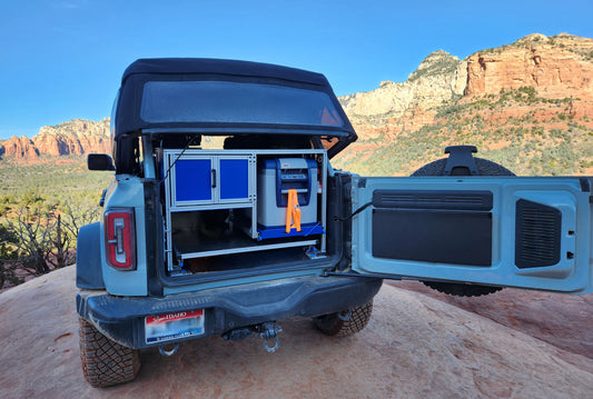 Bronco Camp Kitchen with fridge, slideout table, pantry